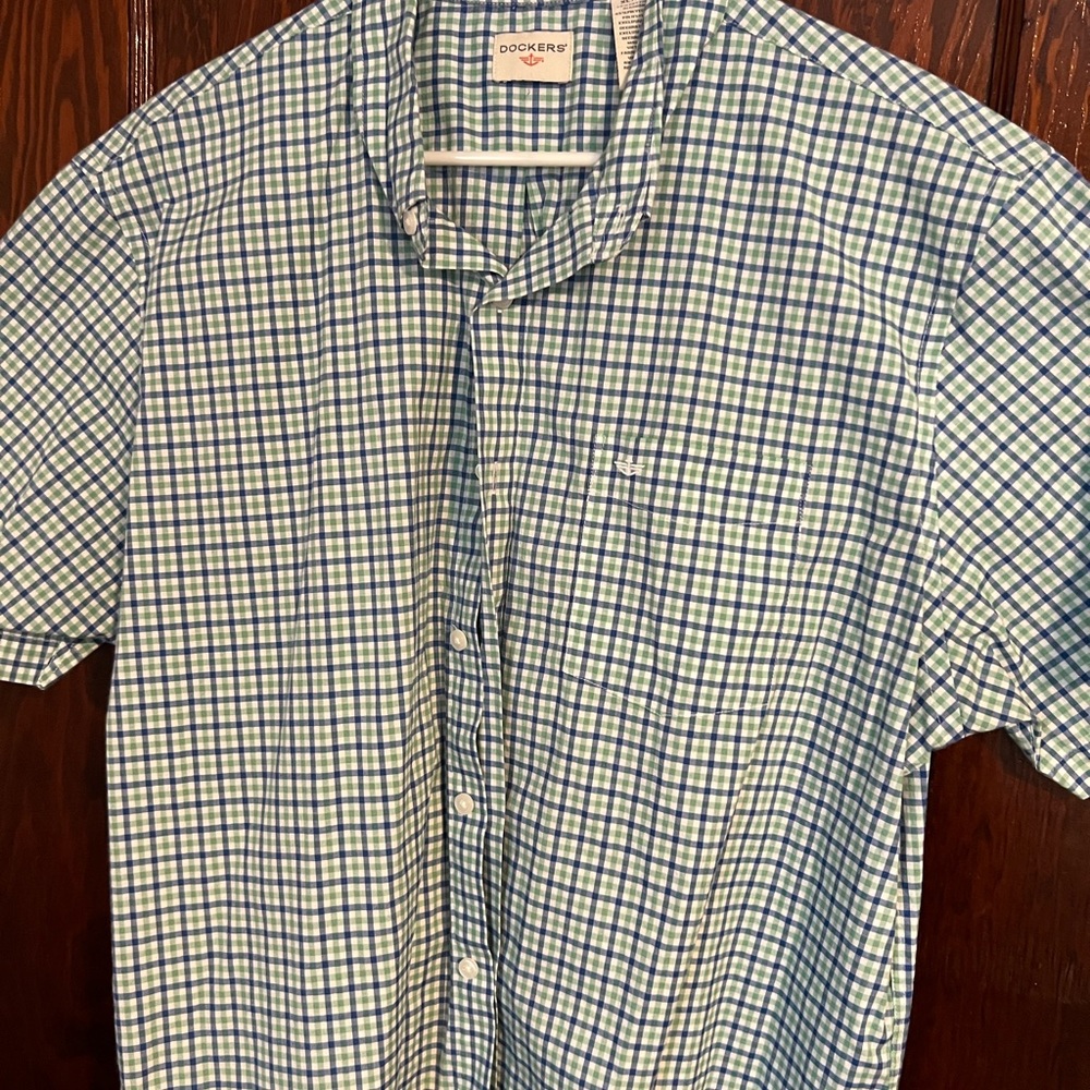 Dockers Men's Blue and Green Checkered Shirt
